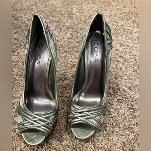 ICORA Metallic Sage Green Peep-Toe Heels